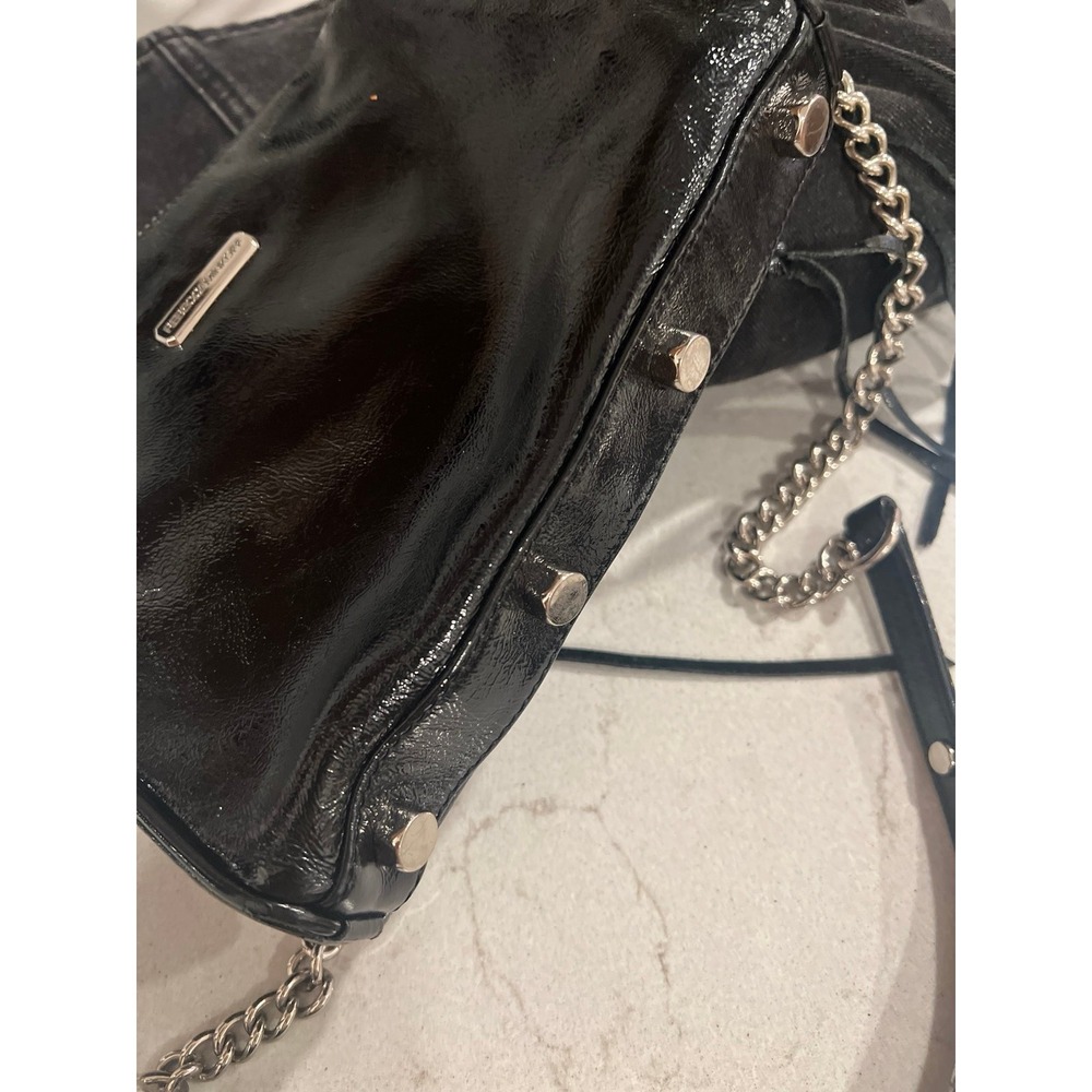 Rebecca Minkoff Mini Zip Black Patent Leather Silver Chain Crossbody Bag Purse - Picture 5 of 5